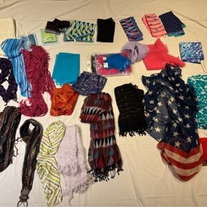 Bundle of 36 Neck Scarves, 1 matching belt, 1 Pashima, 1 Lg American Flag wrap
